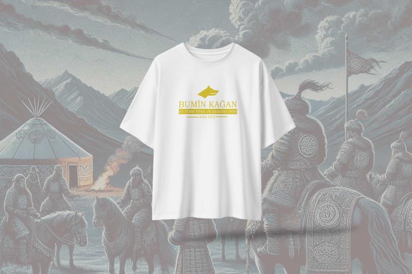 Bumin Kağan Sarı Yazılı Oversize Unisex T-Shirt